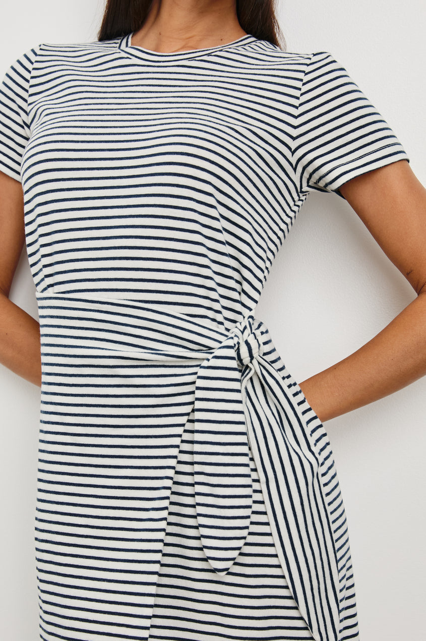 Edie Dress in Ivory Navy Micro Stripe