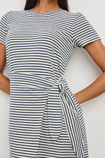 Load image into Gallery viewer, Edie Dress in Ivory Navy Micro Stripe
