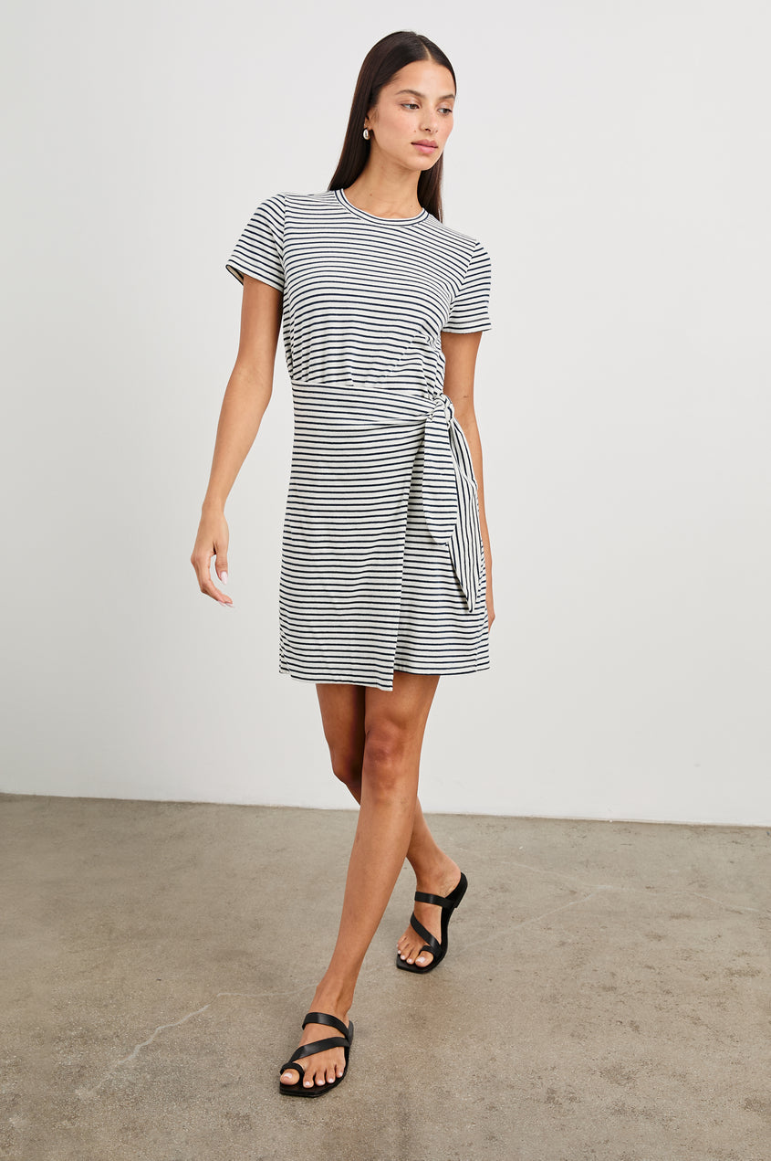 Edie Dress in Ivory Navy Micro Stripe