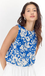 Load image into Gallery viewer, Devon Print Sleeveless Bubble Top in Blue/Cream
