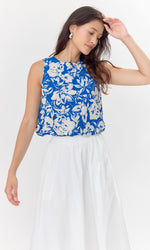 Load image into Gallery viewer, Devon Print Sleeveless Bubble Top in Blue/Cream
