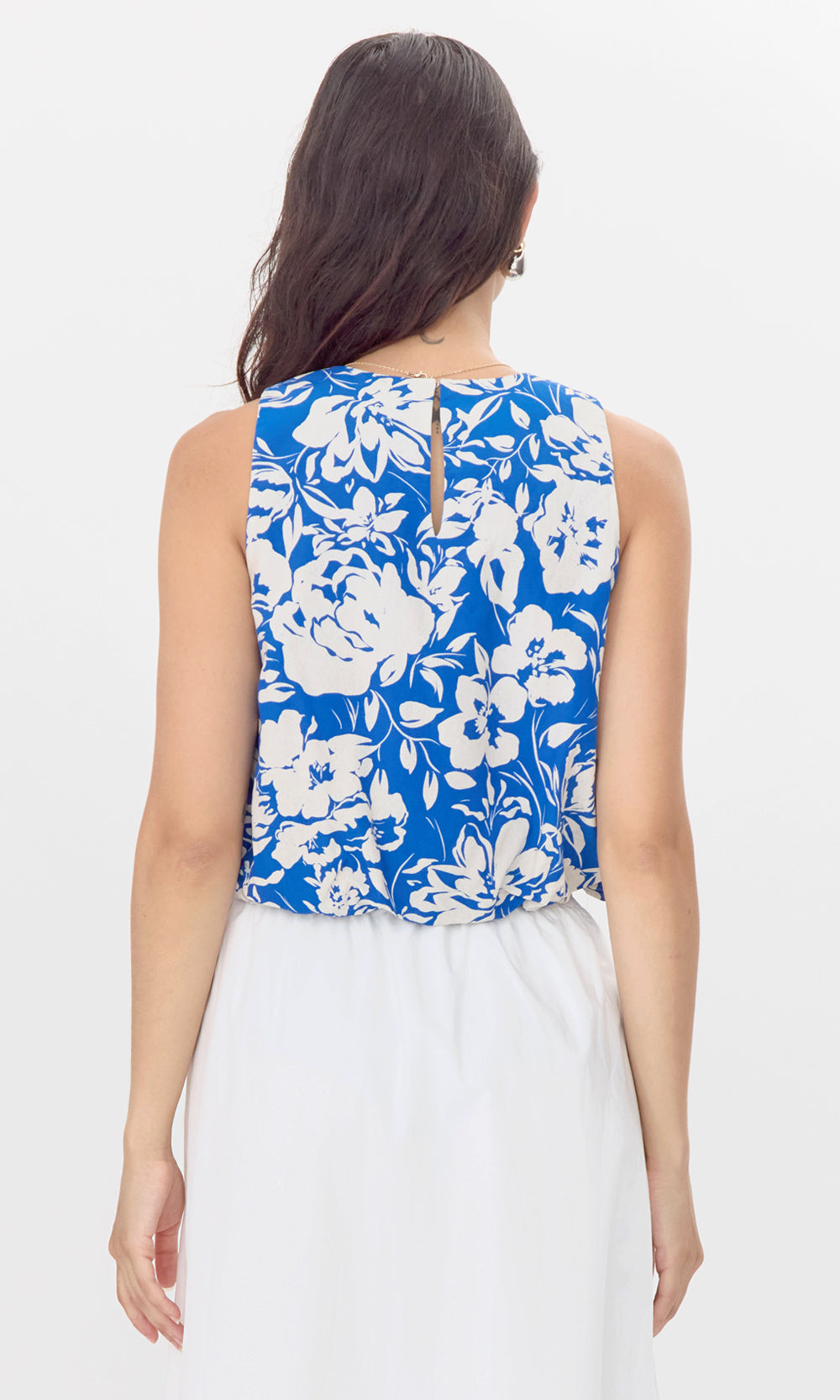 Devon Print Sleeveless Bubble Top in Blue/Cream