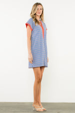 Load image into Gallery viewer, Short Sleeve Striped Dotted Dress in Blue
