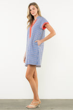 Load image into Gallery viewer, Short Sleeve Striped Dotted Dress in Blue
