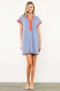 Short Sleeve Striped Dotted Dress in Blue