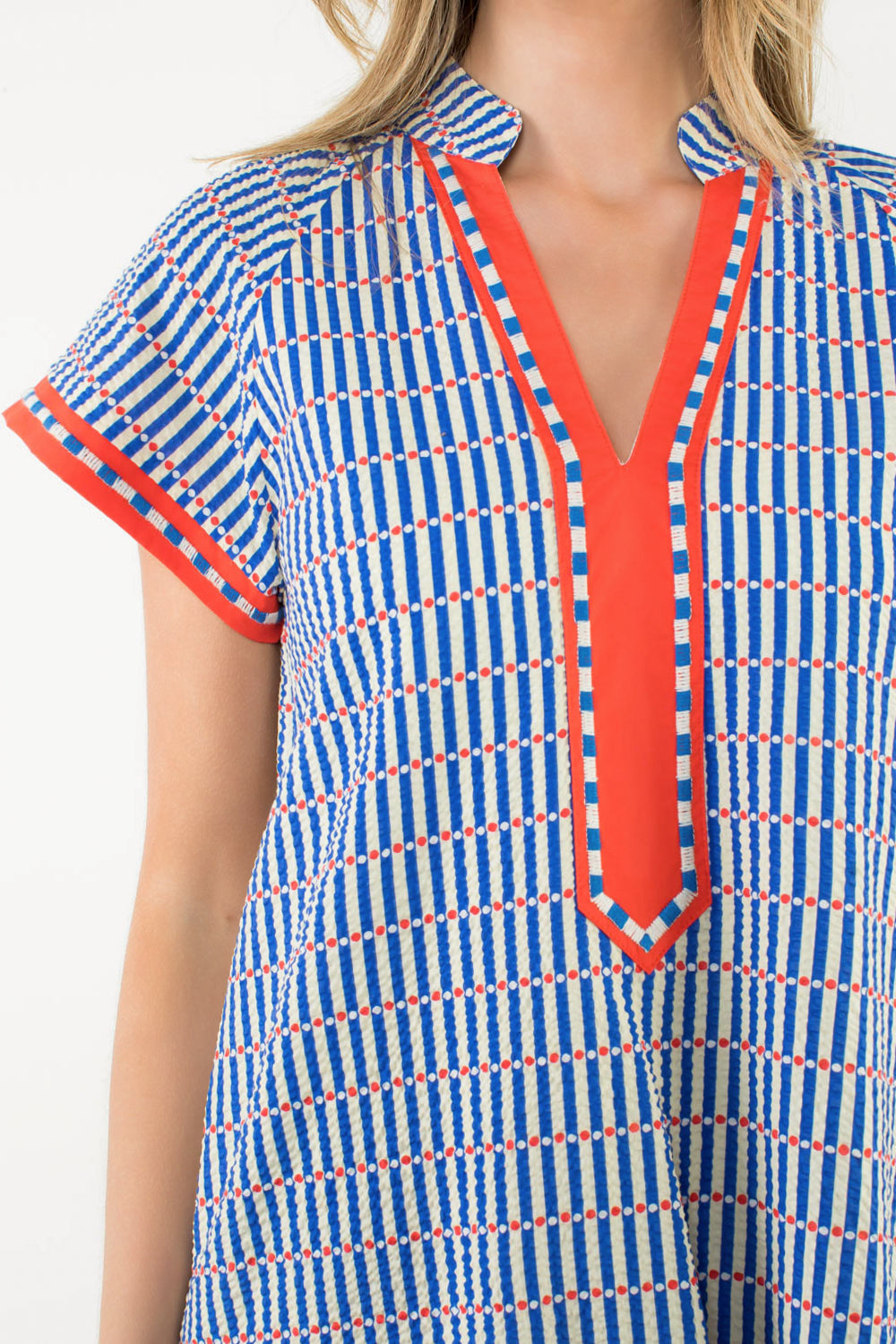 Short Sleeve Striped Dotted Dress in Blue