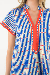 Short Sleeve Striped Dotted Dress in Blue