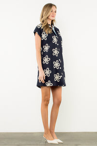 Short Sleeve Embroidered Dress in Navy