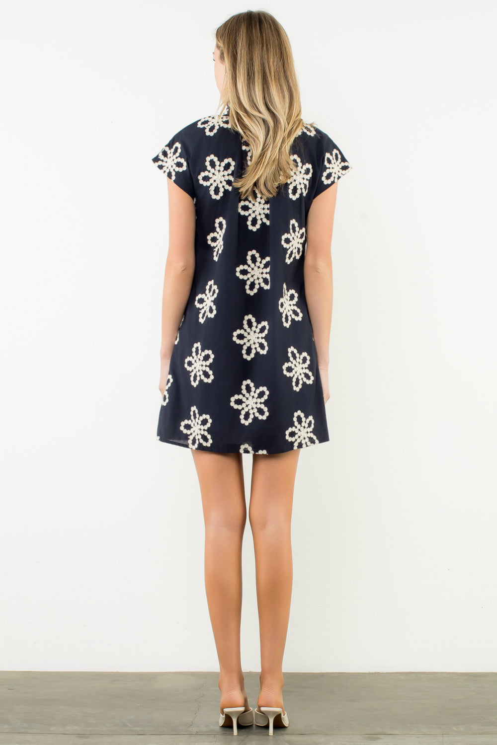 Short Sleeve Embroidered Dress in Navy