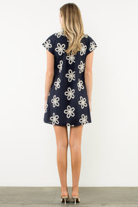 Short Sleeve Embroidered Dress in Navy