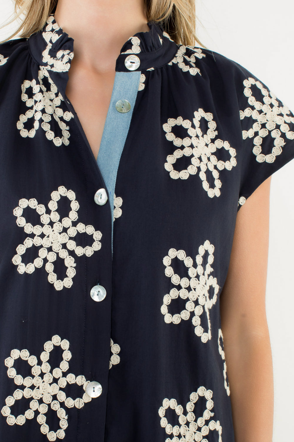 Short Sleeve Embroidered Dress in Navy