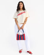 Load image into Gallery viewer, Flat Clutch w/ Tabs in Poppy/French Blue Canvas Stripe
