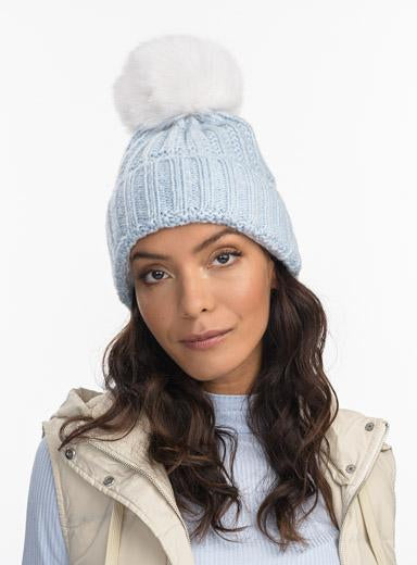 Fold Up Faux Fur Pom Beanie in Arctic Ice