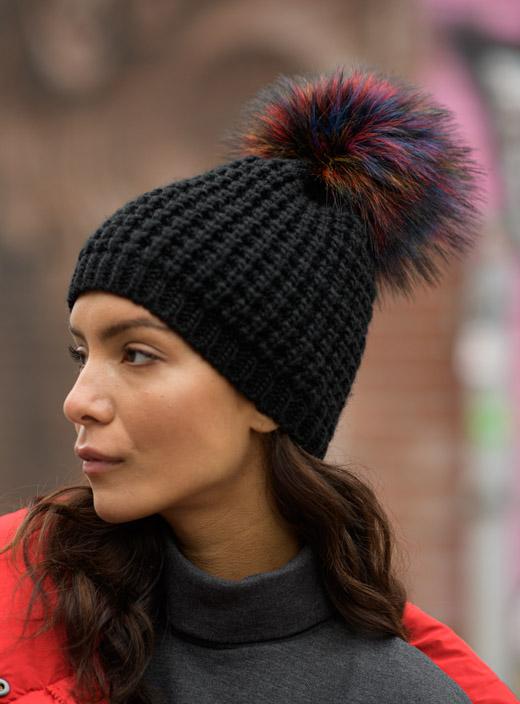 Classic Beanie with Faux Fur Pom in Black & Multi
