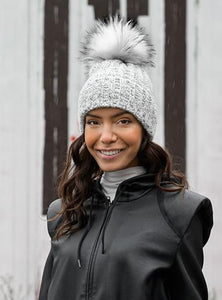 Fold Up Faux Fur Pom Beanie in Silver