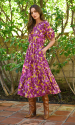 Load image into Gallery viewer, Donna Poplin Print Tiered Midi Dress in Magenta
