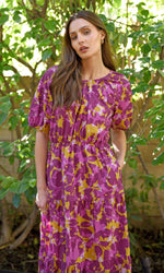Load image into Gallery viewer, Donna Poplin Print Tiered Midi Dress in Magenta
