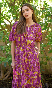 Donna Poplin Print Tiered Midi Dress in Magenta