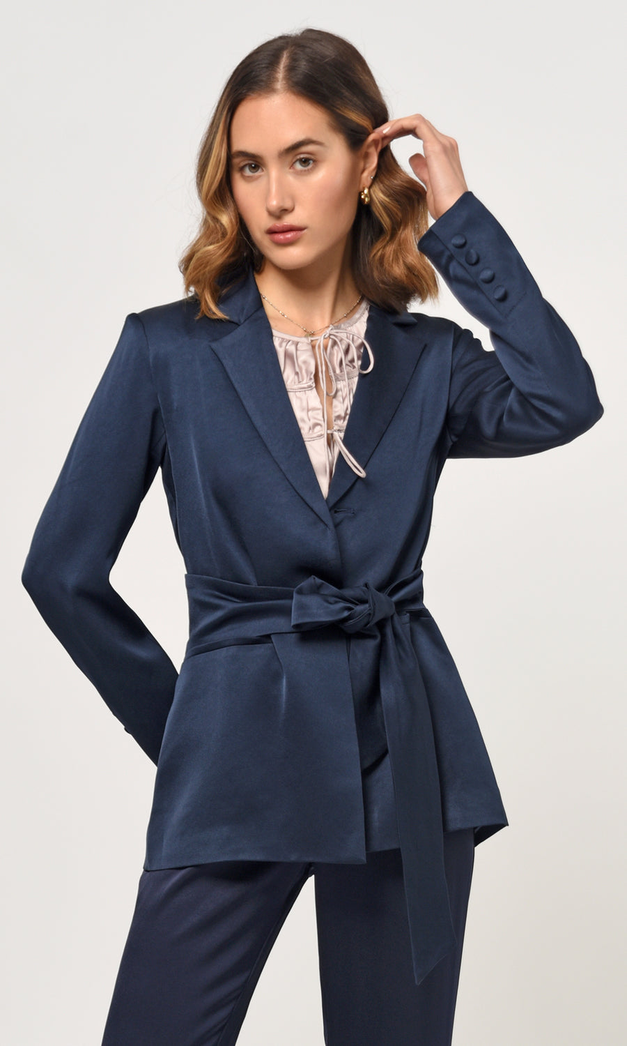 Katherine Waist Tie Blazer in Navy