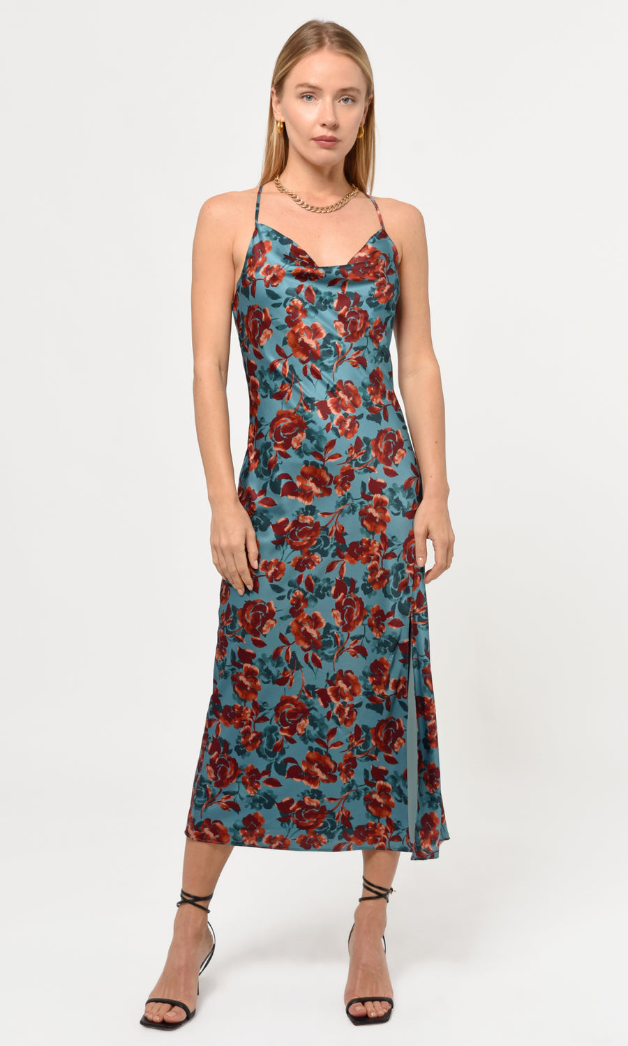 Valencia Eco Satin Slip Dress in Misty Blue