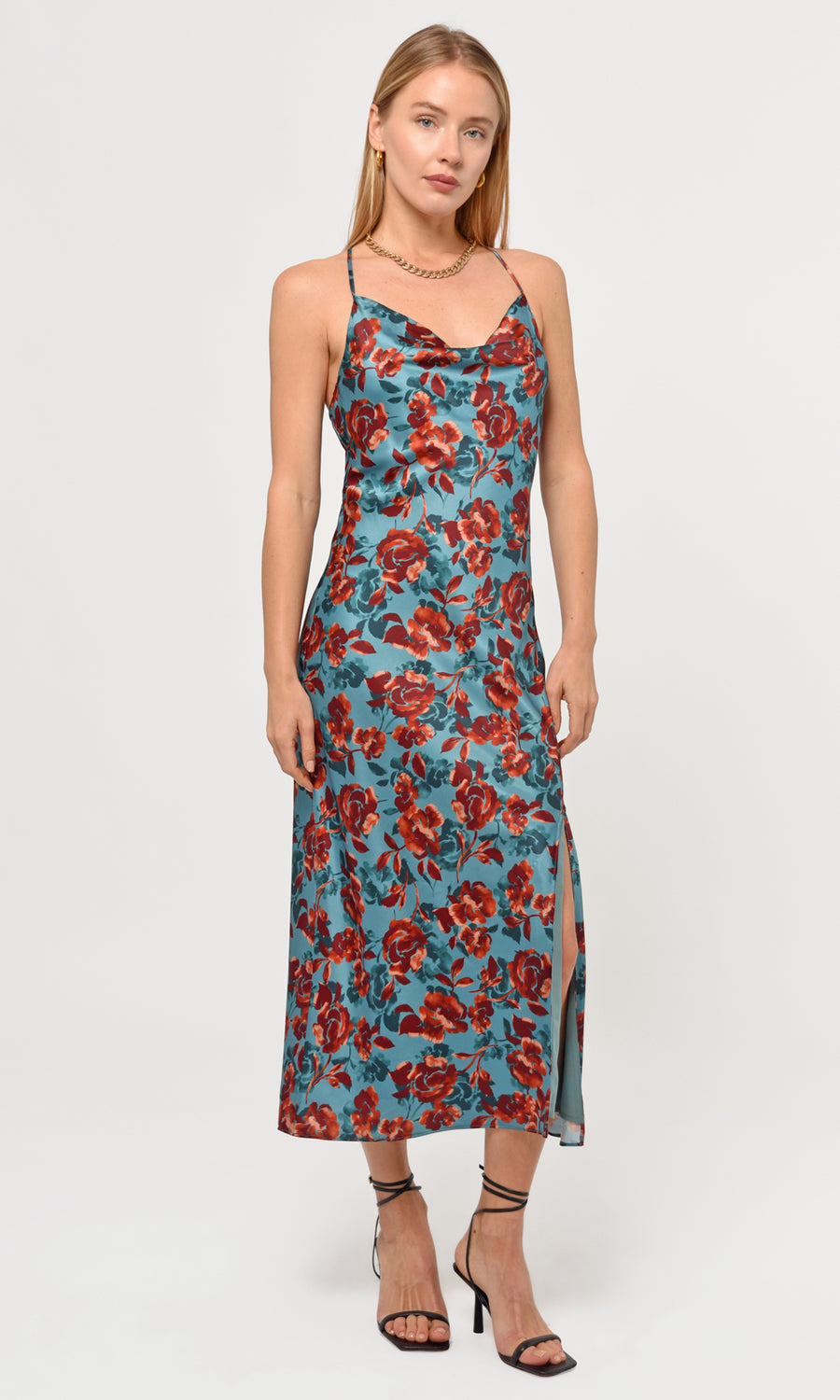 Valencia Eco Satin Slip Dress in Misty Blue