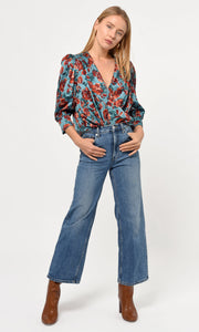 Lourdes Wrap Front Eco Satin Blouse in Misty Blue
