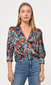 Lourdes Wrap Front Eco Satin Blouse in Misty Blue