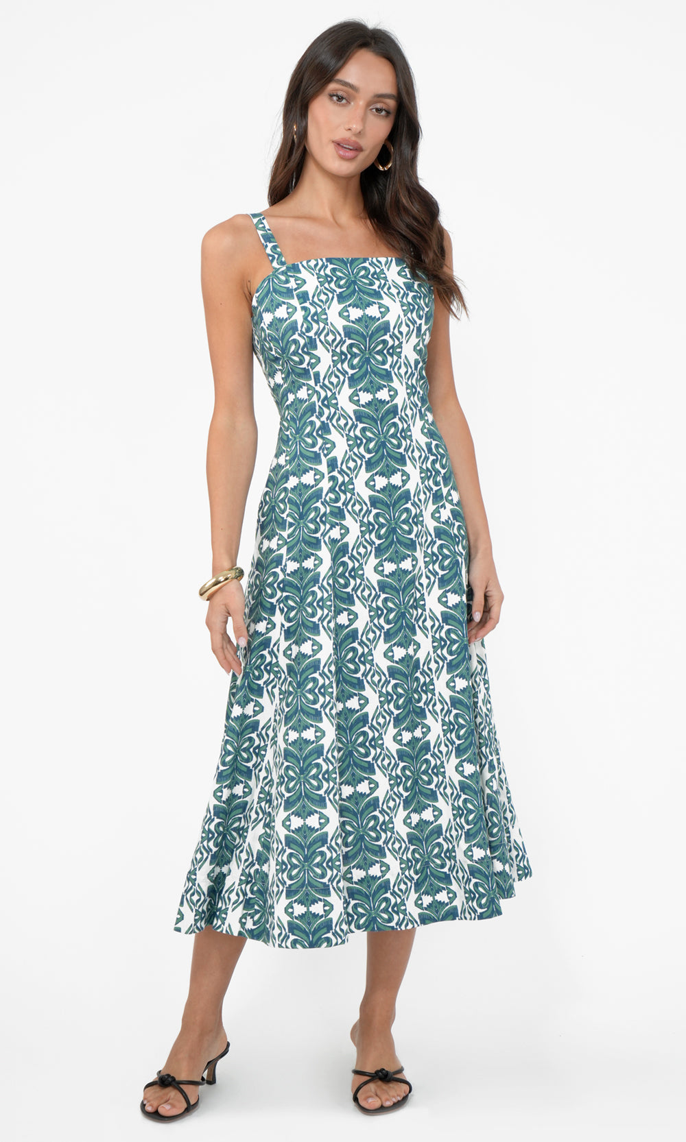 Hilary Linen Midi Dress in Green/Teal