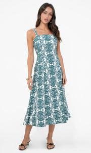 Hilary Linen Midi Dress in Green/Teal