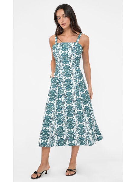 Hilary Linen Midi Dress in Green/Teal