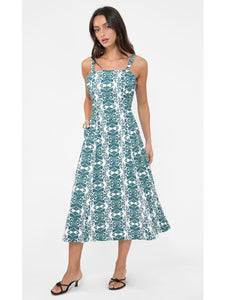 Hilary Linen Midi Dress in Green/Teal