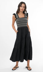 Load image into Gallery viewer, Felicia Multi Stitch Smocked Midi Dress in Black
