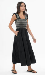 Load image into Gallery viewer, Felicia Multi Stitch Smocked Midi Dress in Black
