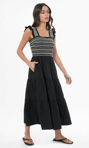 Felicia Multi Stitch Smocked Midi Dress in Black