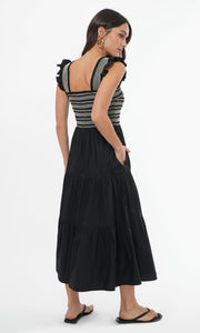 Felicia Multi Stitch Smocked Midi Dress in Black