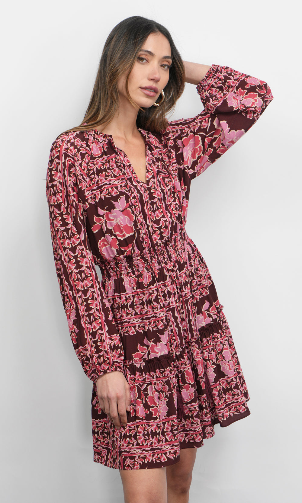 Ringo Long Sleeve Smocked Mini Dress in Maroon