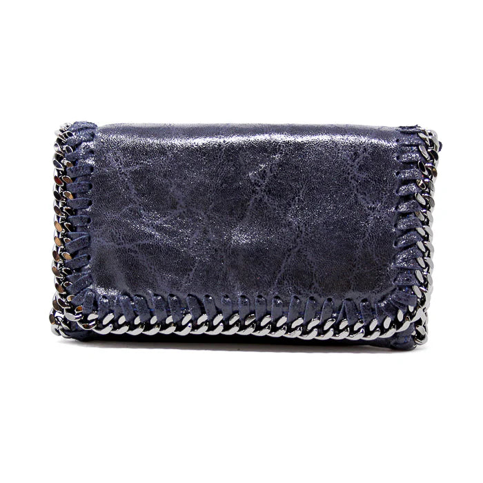 Leather Crossbody Chain Bag in Navy Blue