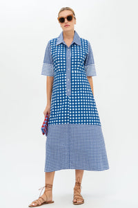 3/4 Sleeve Shirt Dress in Navy Gingham