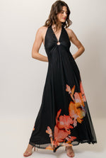 Load image into Gallery viewer, Imaya Dress in Black Placement Rainbow Watercolor Floral
