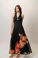 Load image into Gallery viewer, Imaya Dress in Black Placement Rainbow Watercolor Floral
