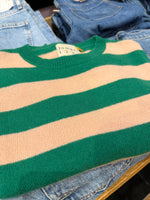 Load image into Gallery viewer, Striped Cashmere Crew Sweater in Olive Green/Skin
