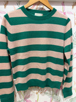 Load image into Gallery viewer, Striped Cashmere Crew Sweater in Olive Green/Skin
