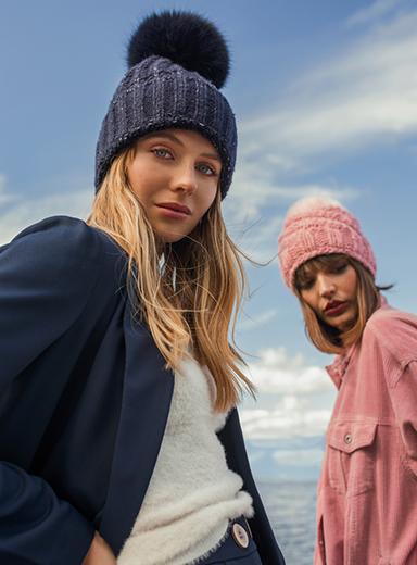 Fold Up Faux Fur Pom Beanie in Navy