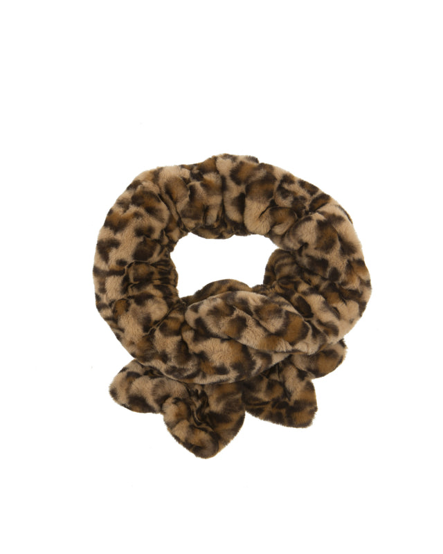 Ruched Faux Fur Scarf in Brown Leopard