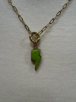Load image into Gallery viewer, Green Lightning Bolt Charm on Gold Paperclip Chain w/ Carabiner
