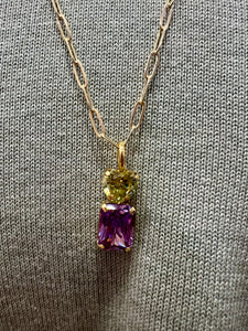 Heart Octagon Charm Necklace with Chain in Peridot/Purple