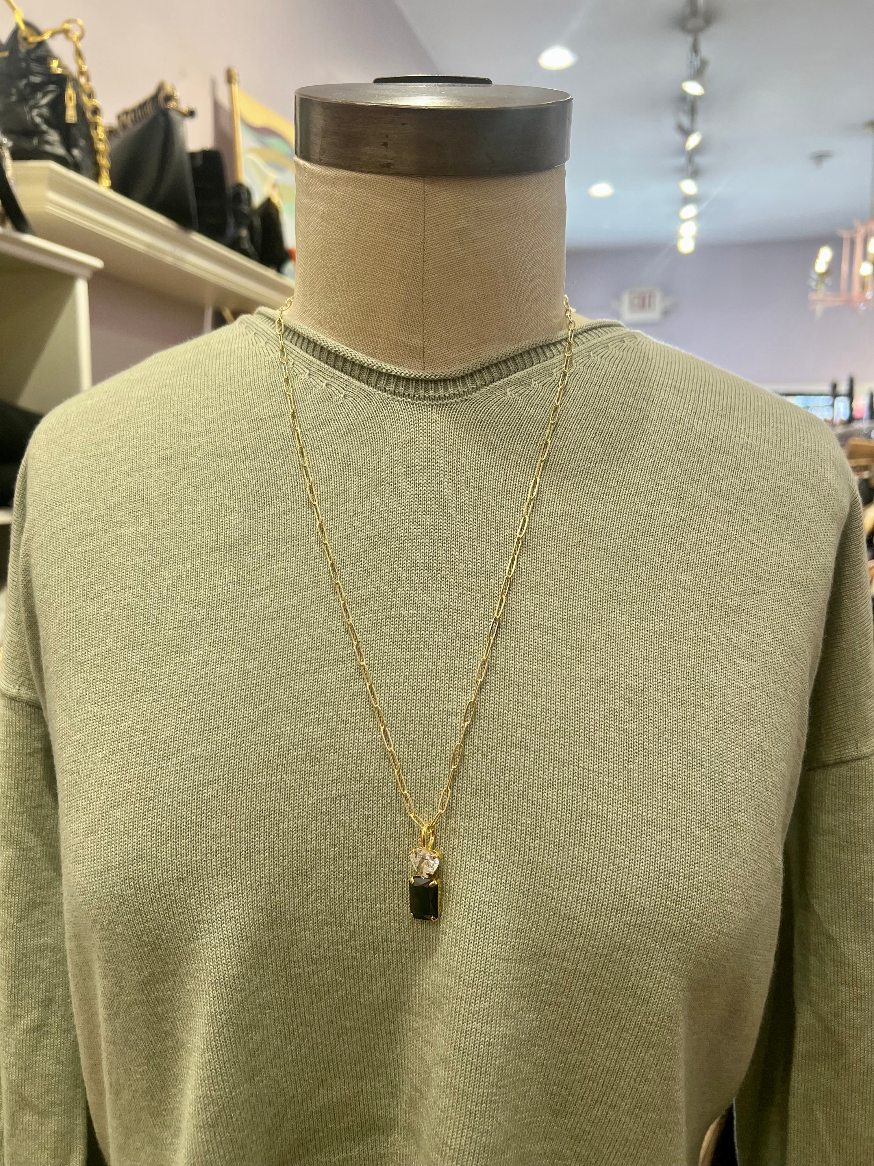 Heart Octagon Charm Necklace with Chain in Clear/Black