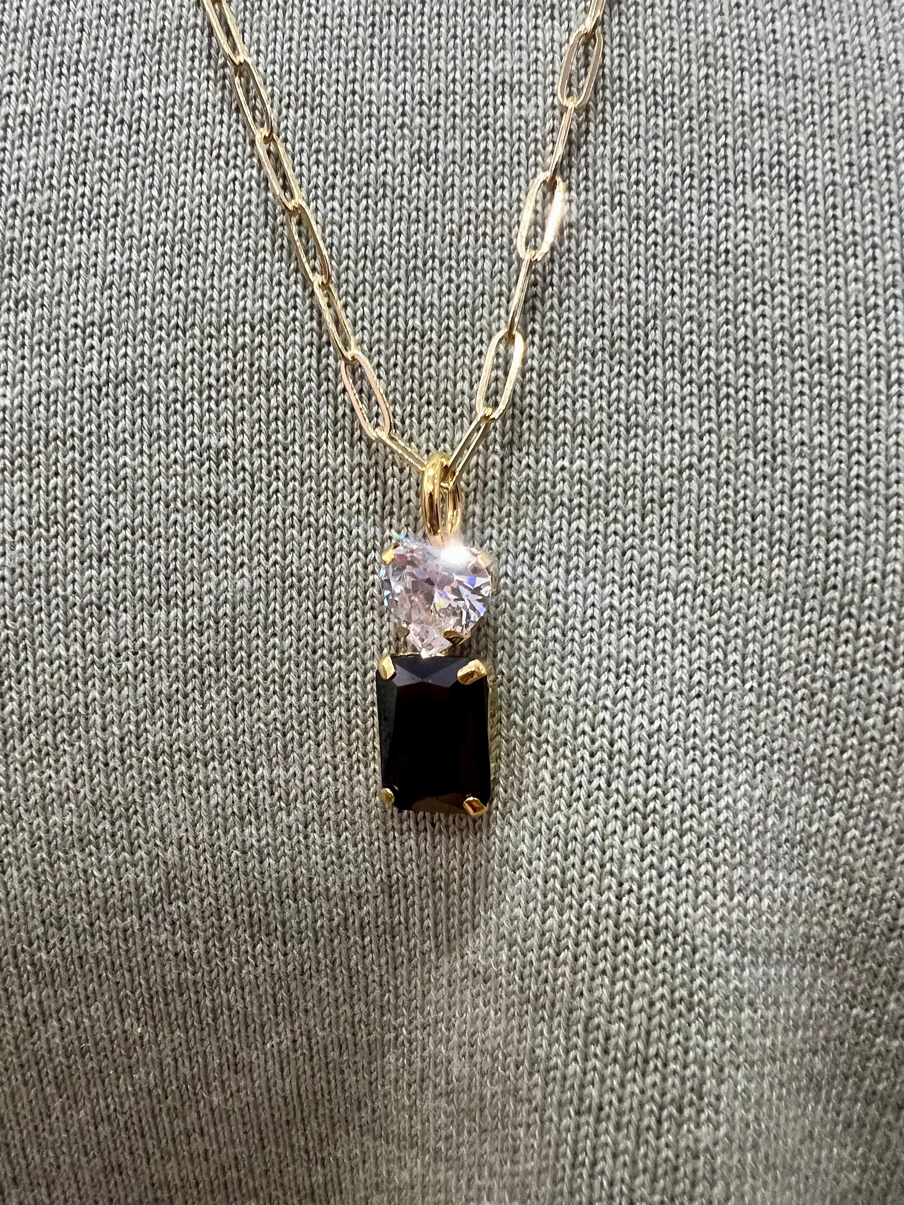 Heart Octagon Charm Necklace with Chain in Clear/Black