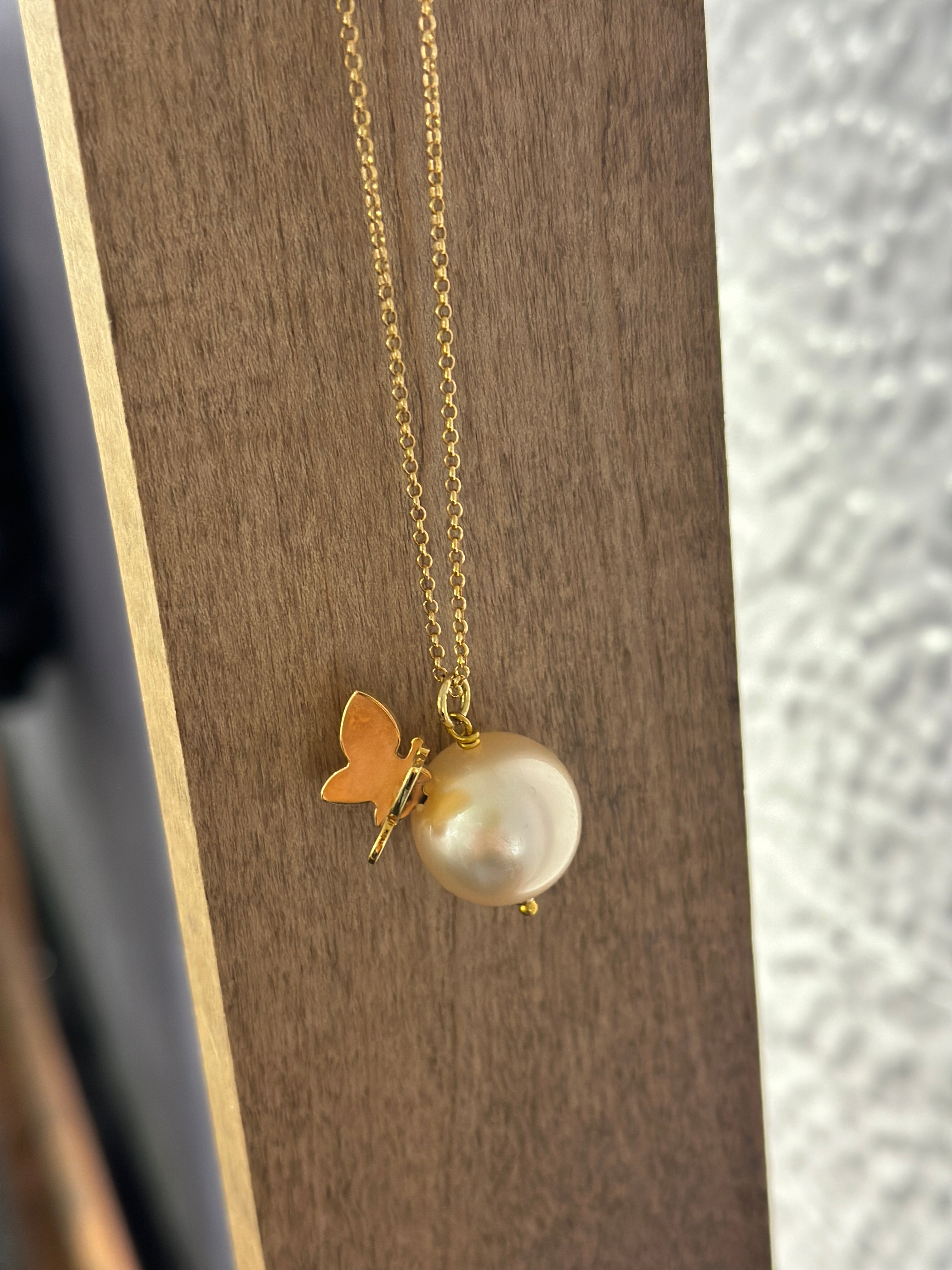 Butterfly Necklace on Long Chain in Champagne Ivory Pearl