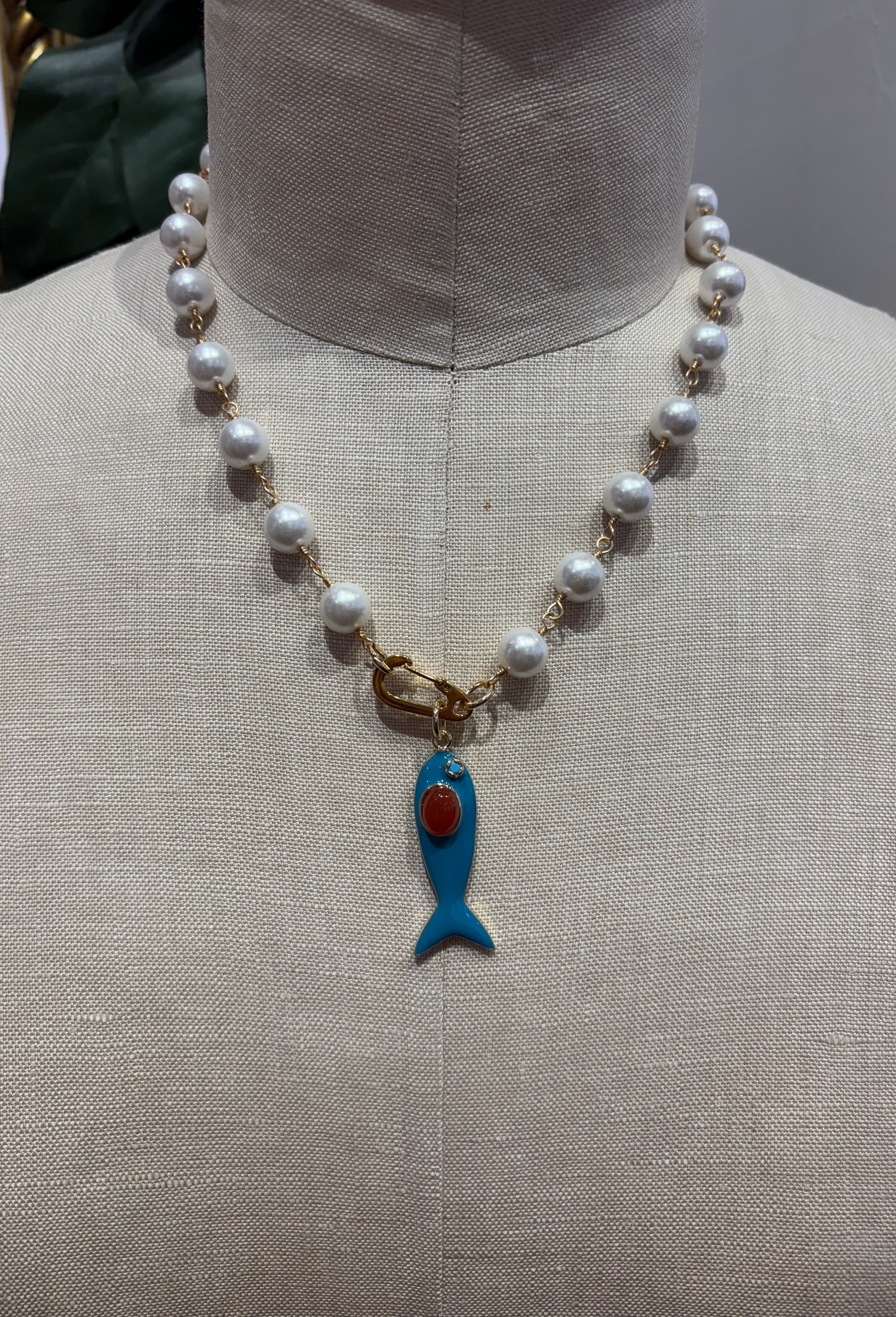 Fish on a Hook Necklace in White w/ Turquoise Fish